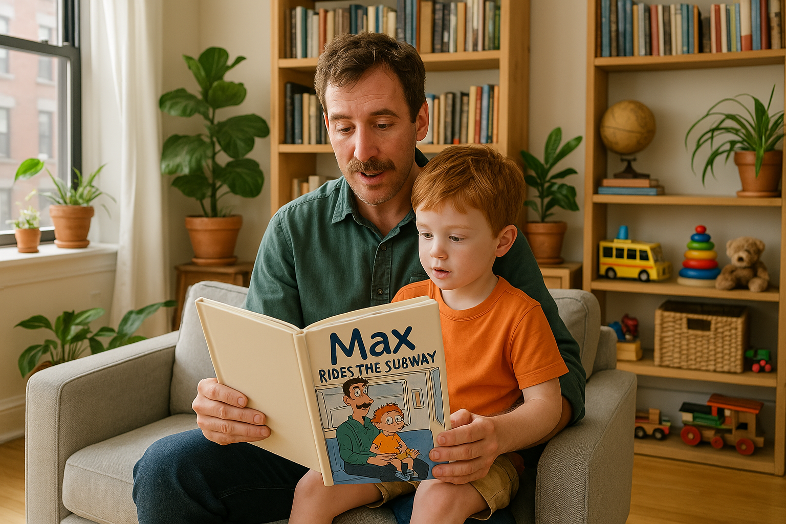 Parent and child reading on subway